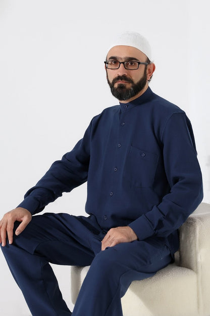 Men's Muslin Shirt, Mandarin Collar, Long Sleeves, Cotton Hajj/Umrah Shirt - Navy Blue (ANS) - ihvan