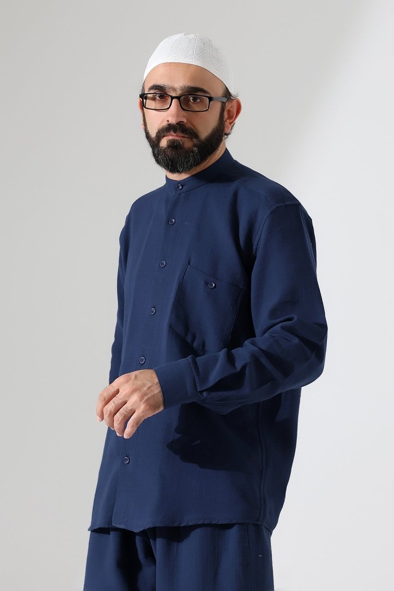 Men's Muslin Shirt, Mandarin Collar, Long Sleeves, Cotton Hajj/Umrah Shirt - Navy Blue (ANS) - ihvan