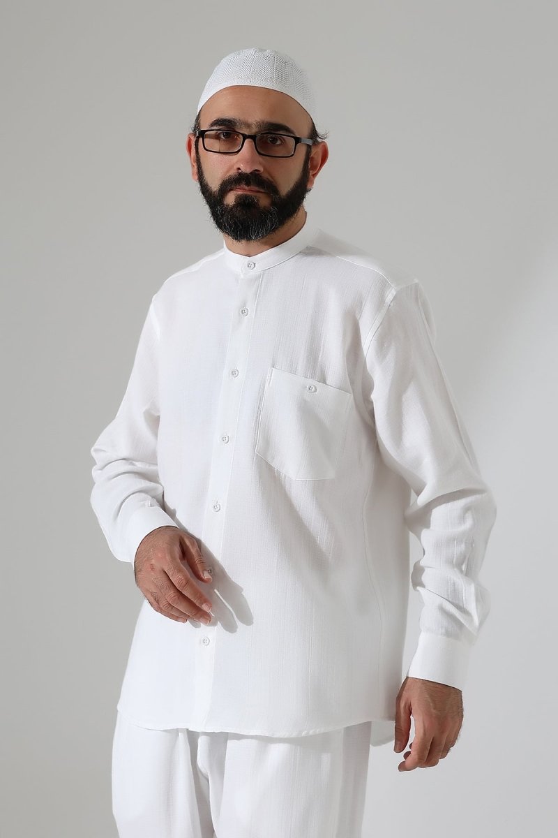 Men's Muslin Shirt, Mandarin Collar, Long Sleeves, Cotton Hajj/Umrah Shirt - White (ANS) - ihvan