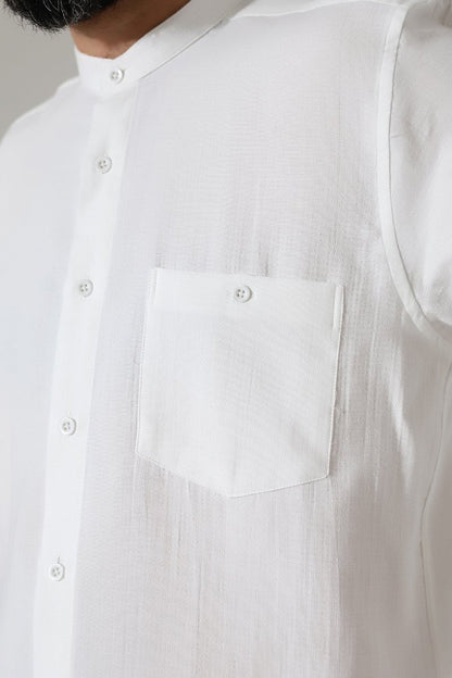 Men's Muslin Shirt, Mandarin Collar, Long Sleeves, Cotton Hajj/Umrah Shirt - White (ANS) - ihvan