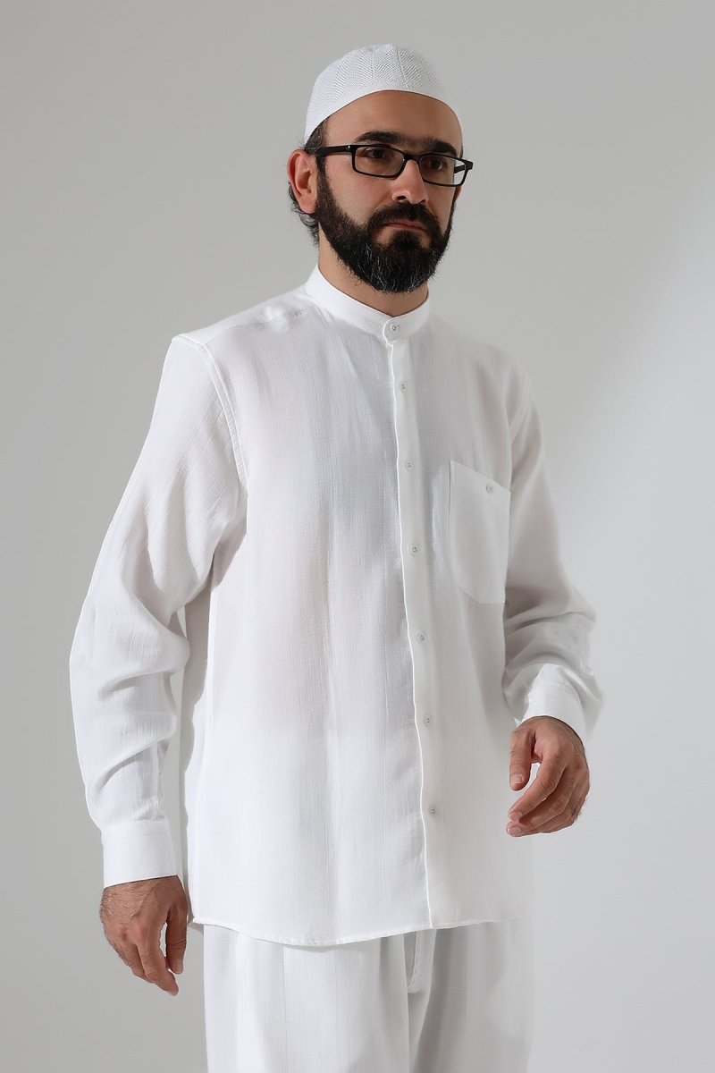 Men's Muslin Shirt, Mandarin Collar, Long Sleeves, Cotton Hajj/Umrah Shirt - White (ANS) - ihvan