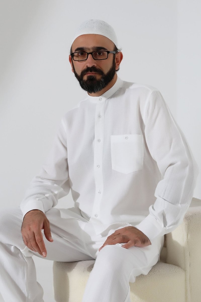 Men's Muslin Shirt, Mandarin Collar, Long Sleeves, Cotton Hajj/Umrah Shirt - White (ANS) - ihvan