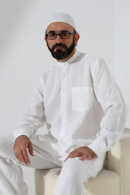 Men's Muslin Shirt, Mandarin Collar, Long Sleeves, Cotton Hajj/Umrah Shirt - White (ANS) - ihvan