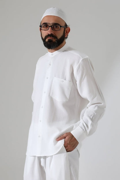 Men's Muslin Shirt, Mandarin Collar, Long Sleeves, Cotton Hajj/Umrah Shirt - White (ANS) - ihvan