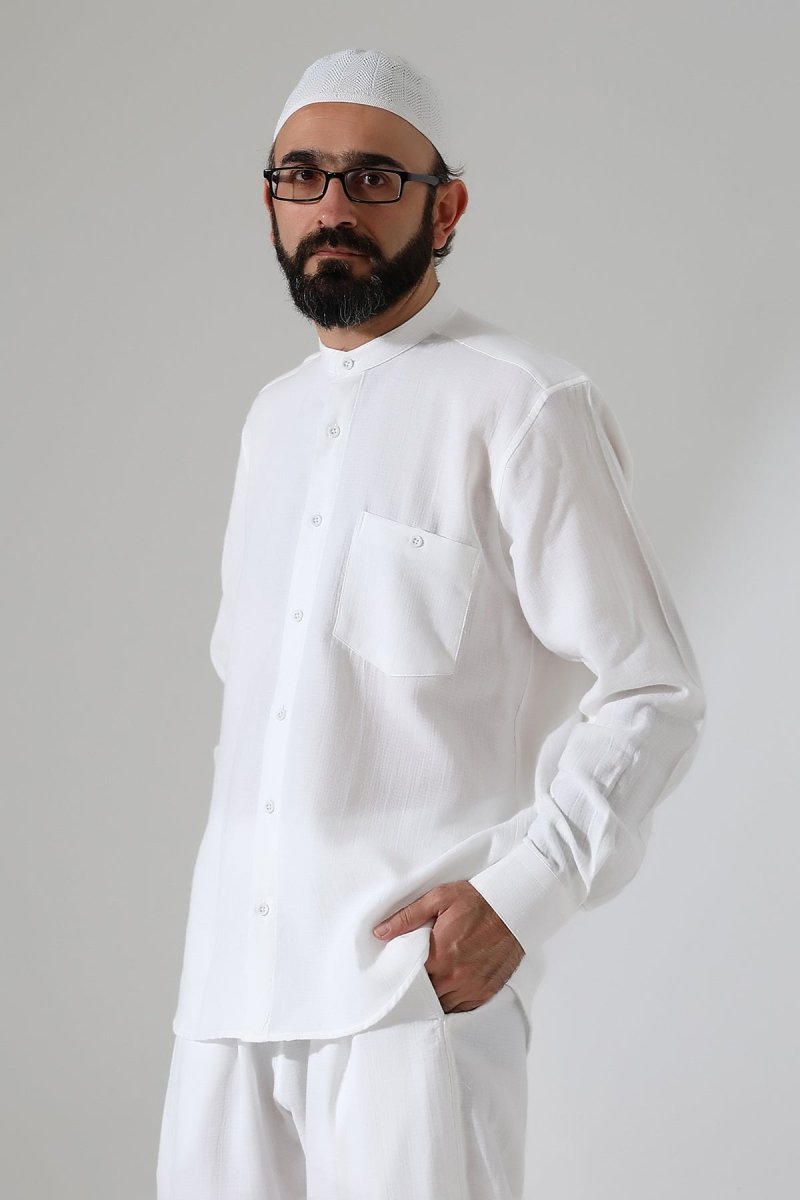 Men's Muslin Shirt, Mandarin Collar, Long Sleeves, Cotton Hajj/Umrah Shirt - White (ANS) - ihvan