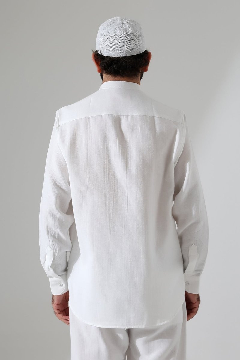 Men's Muslin Shirt, Mandarin Collar, Long Sleeves, Cotton Hajj/Umrah Shirt - White (ANS) - ihvan