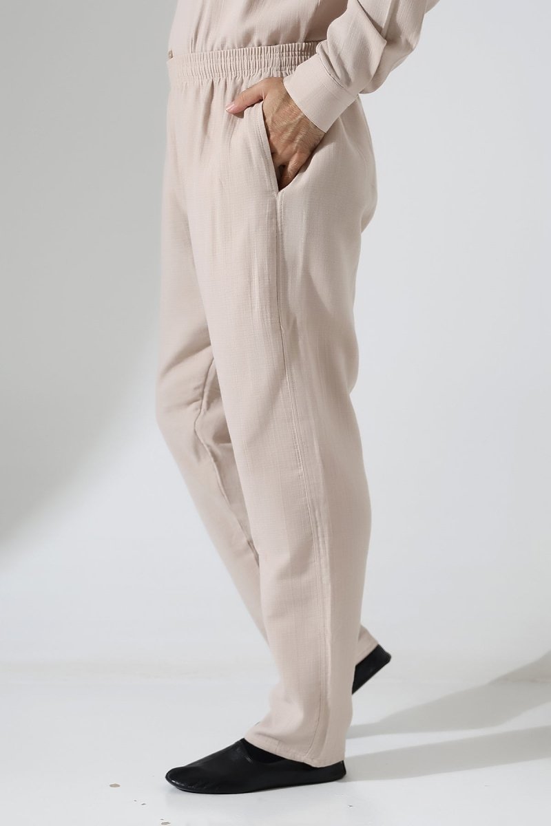 Men's Muslin Trousers, Cotton, Elastic Waistband, Hajj/Umrah Trousers - Beige (ANS) - ihvan