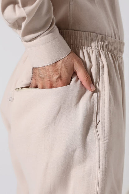 Men's Muslin Trousers, Cotton, Elastic Waistband, Hajj/Umrah Trousers - Beige (ANS) - ihvan