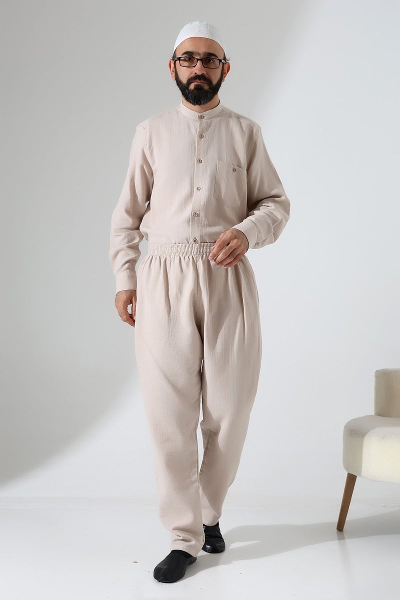 Men's Muslin Trousers, Cotton, Elastic Waistband, Hajj/Umrah Trousers - Beige (ANS) - ihvan