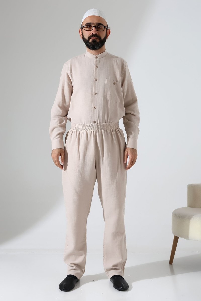 Men's Muslin Trousers, Cotton, Elastic Waistband, Hajj/Umrah Trousers - Beige (ANS) - ihvan
