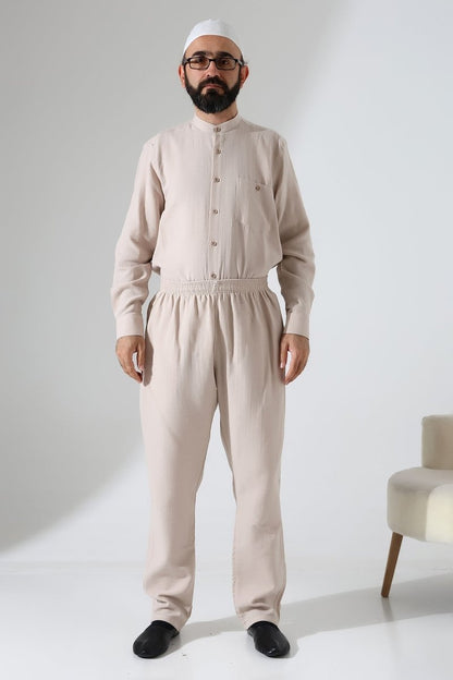 Men's Muslin Trousers, Cotton, Elastic Waistband, Hajj/Umrah Trousers - Beige (ANS) - ihvan