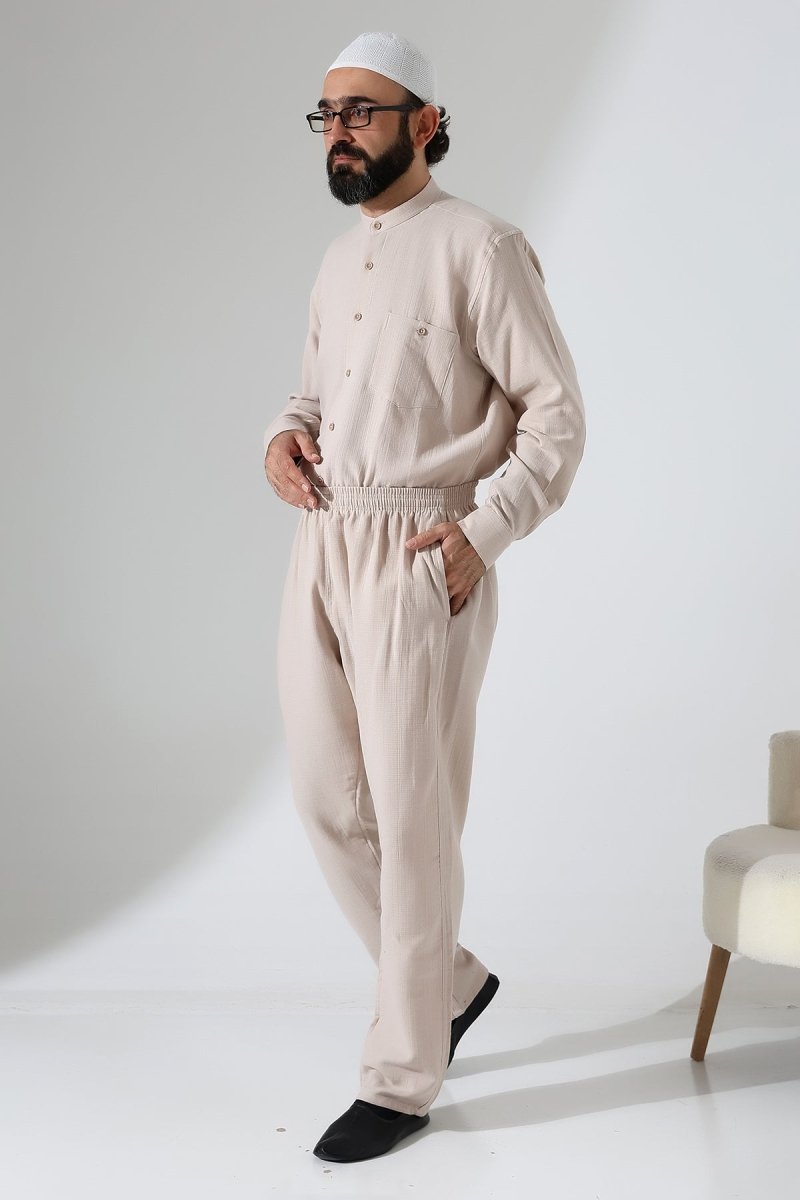 Men's Muslin Trousers, Cotton, Elastic Waistband, Hajj/Umrah Trousers - Beige (ANS) - ihvan
