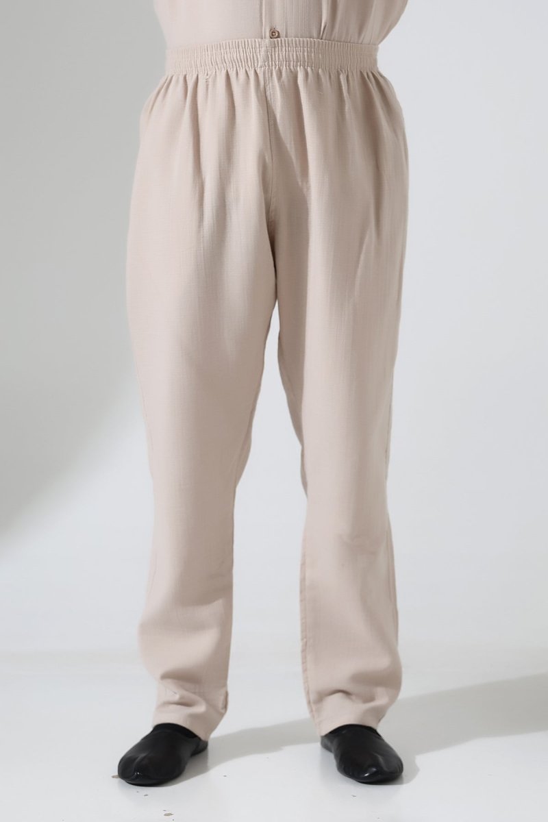 Men's Muslin Trousers, Cotton, Elastic Waistband, Hajj/Umrah Trousers - Beige (ANS) - ihvan