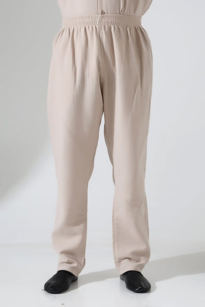 Men's Muslin Trousers, Cotton, Elastic Waistband, Hajj/Umrah Trousers - Beige (ANS) - ihvan