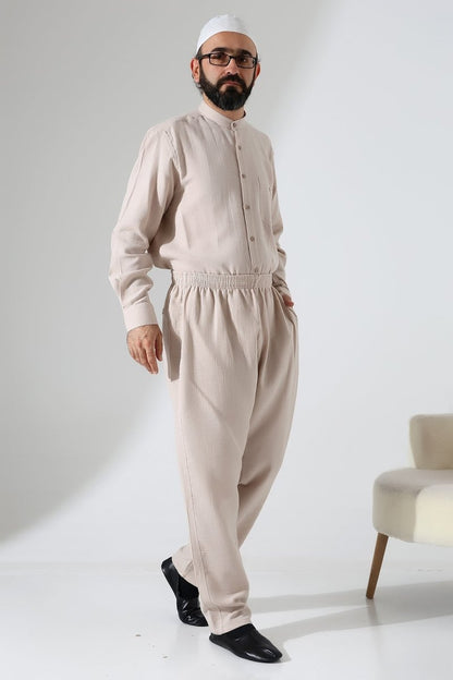 Men's Muslin Trousers, Cotton, Elastic Waistband, Hajj/Umrah Trousers - Beige (ANS) - ihvan