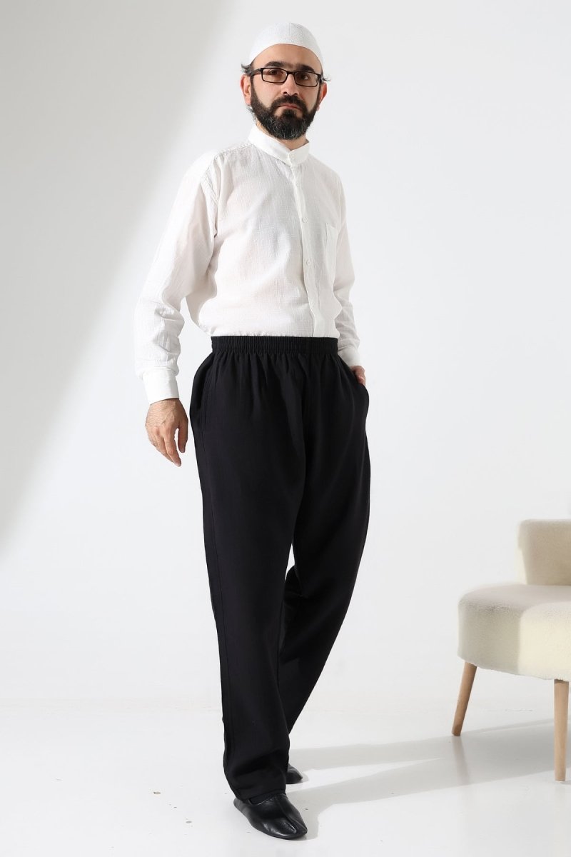 Men's Muslin Trousers, Cotton, Elastic Waistband, Hajj/Umrah Trousers - Black (ANS) - ihvan