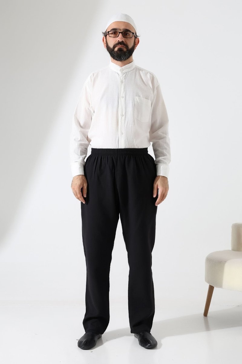 Men's Muslin Trousers, Cotton, Elastic Waistband, Hajj/Umrah Trousers - Black (ANS) - ihvan