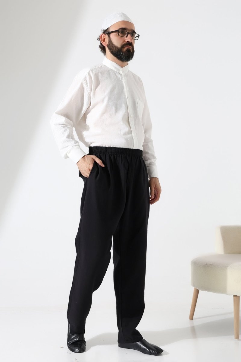 Men's Muslin Trousers, Cotton, Elastic Waistband, Hajj/Umrah Trousers - Black (ANS) - ihvan