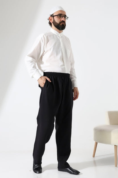 Men's Muslin Trousers, Cotton, Elastic Waistband, Hajj/Umrah Trousers - Black (ANS) - ihvan