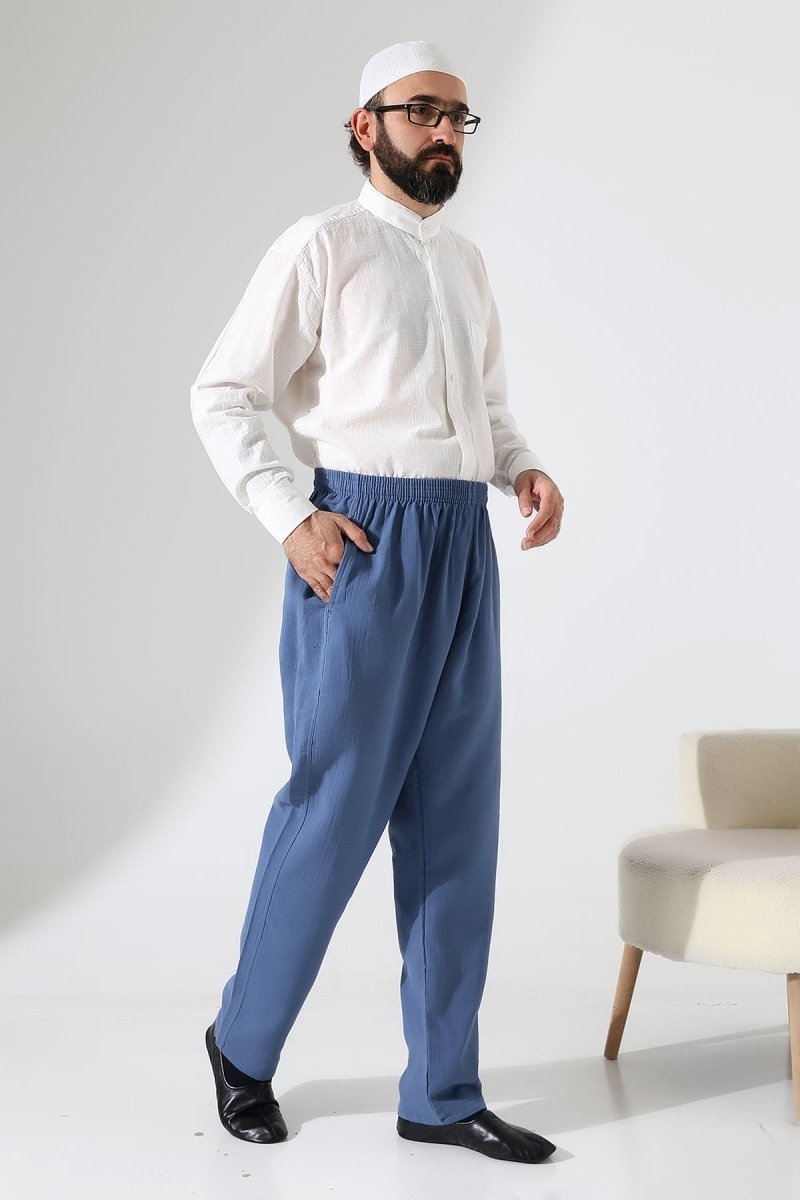 Men's Muslin Trousers, Cotton, Elastic Waistband, Hajj/Umrah Trousers - Blue (ANS) - ihvan