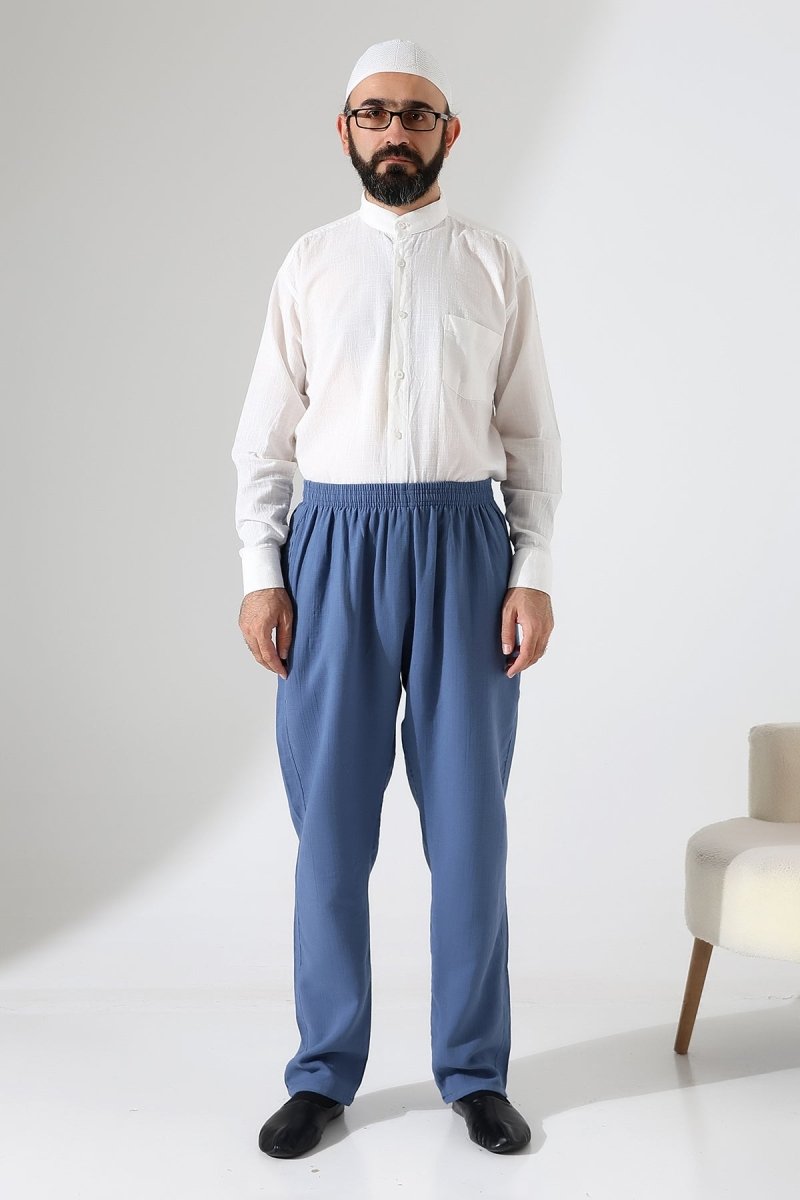 Men's Muslin Trousers, Cotton, Elastic Waistband, Hajj/Umrah Trousers - Blue (ANS) - ihvan