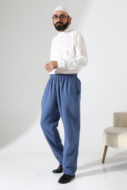 Men's Muslin Trousers, Cotton, Elastic Waistband, Hajj/Umrah Trousers - Blue (ANS) - ihvan