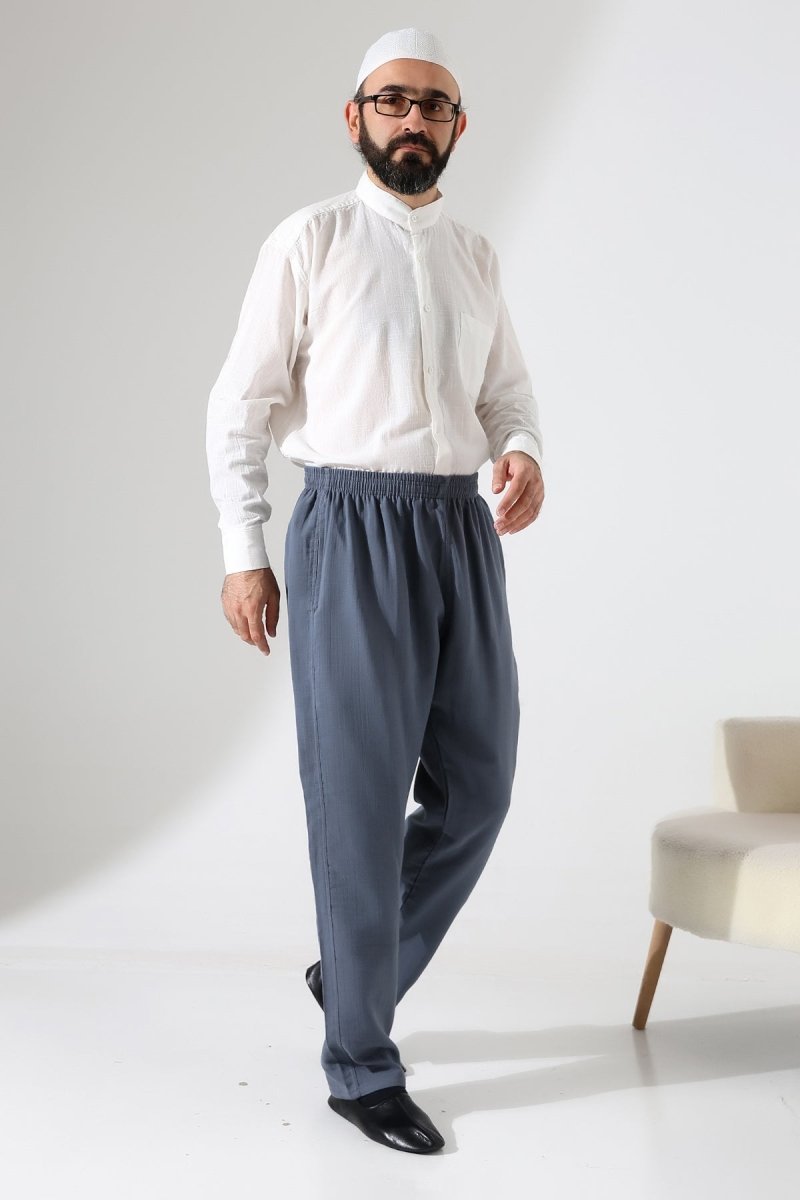 Men's Muslin Trousers, Cotton, Elastic Waistband, Hajj/Umrah Trousers - Dark Gray (ANS) - ihvan