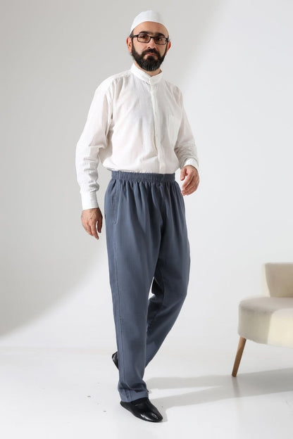 Men's Muslin Trousers, Cotton, Elastic Waistband, Hajj/Umrah Trousers - Dark Gray (ANS) - ihvan