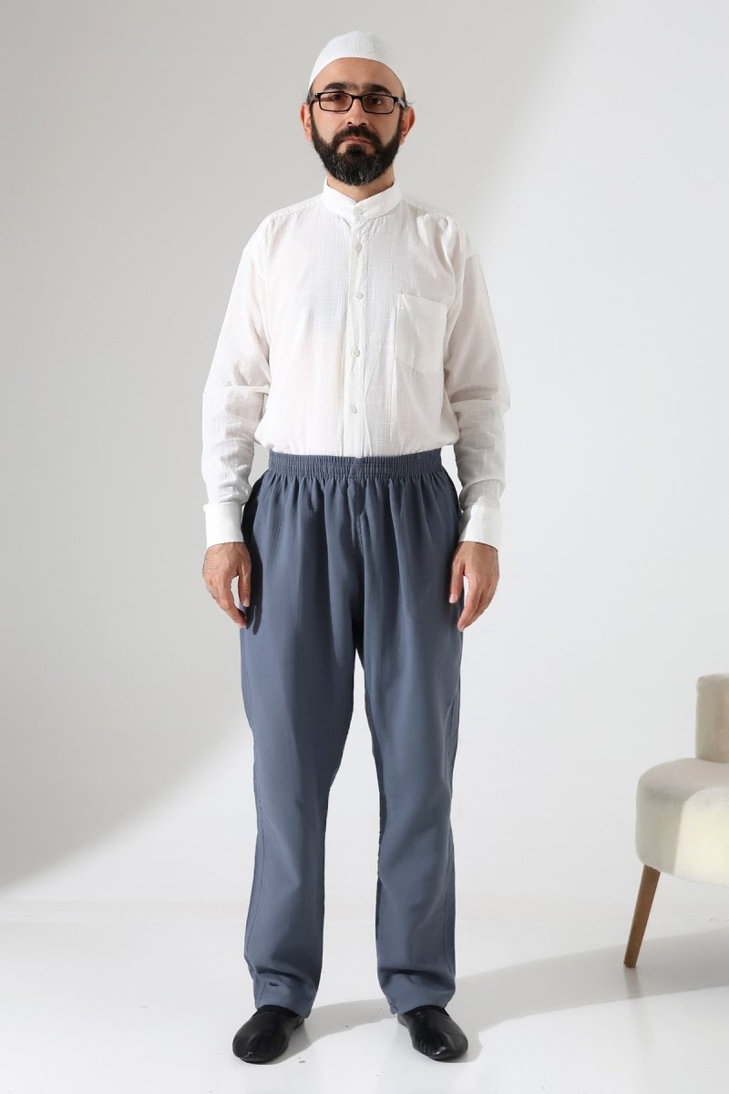 Men's Muslin Trousers, Cotton, Elastic Waistband, Hajj/Umrah Trousers - Dark Gray (ANS) - ihvan