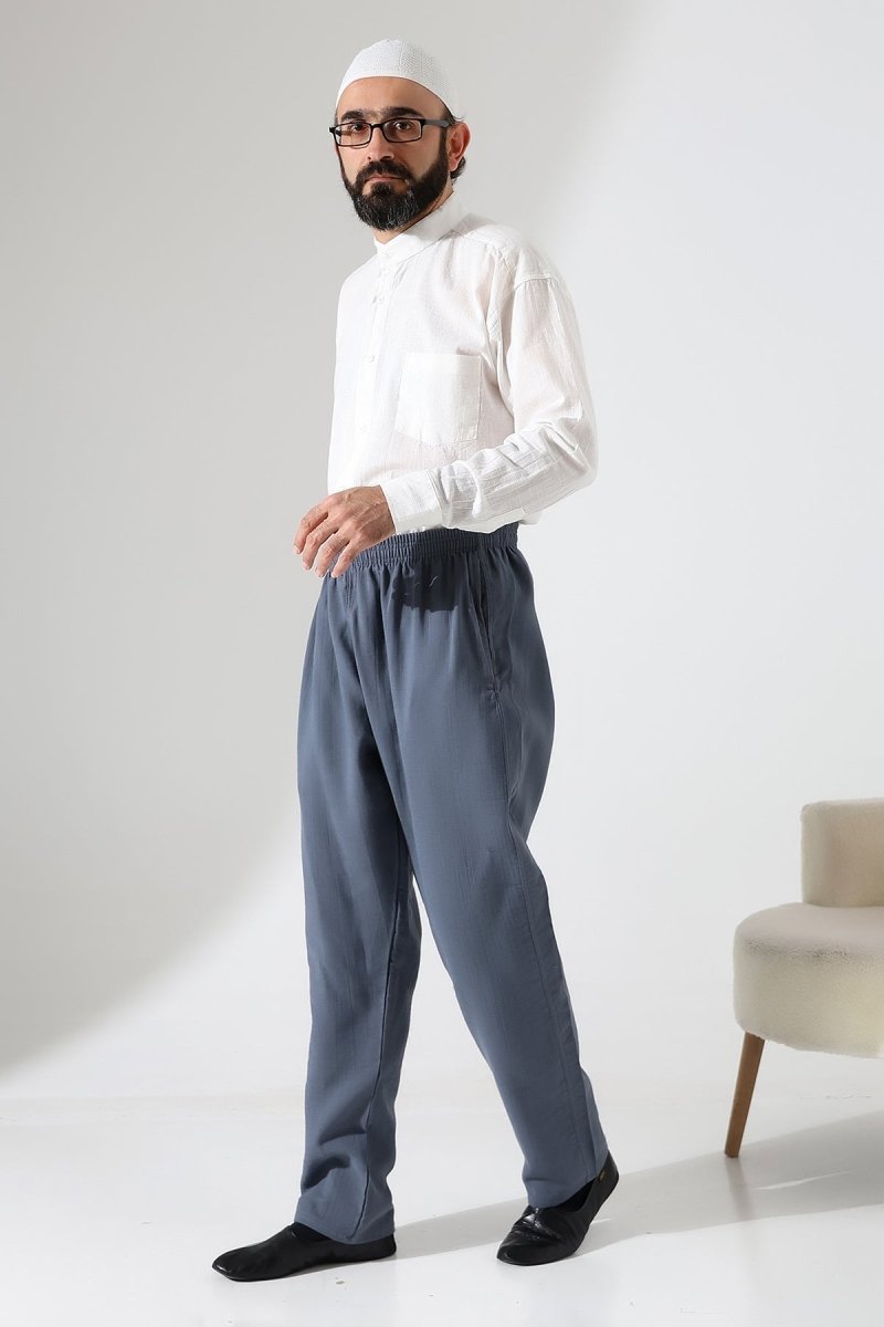 Men's Muslin Trousers, Cotton, Elastic Waistband, Hajj/Umrah Trousers - Dark Gray (ANS) - ihvan