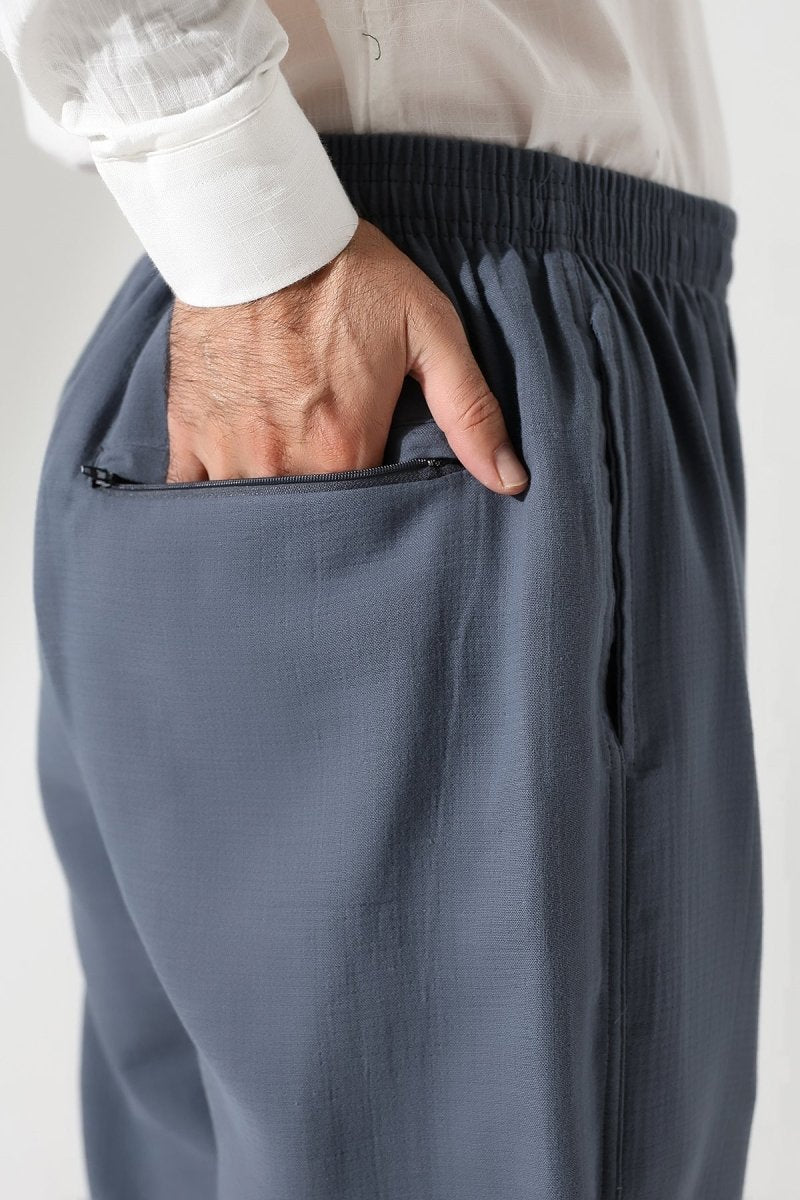 Men's Muslin Trousers, Cotton, Elastic Waistband, Hajj/Umrah Trousers - Dark Gray (ANS) - ihvan