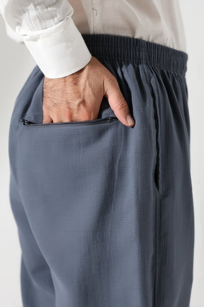 Men's Muslin Trousers, Cotton, Elastic Waistband, Hajj/Umrah Trousers - Dark Gray (ANS) - ihvan