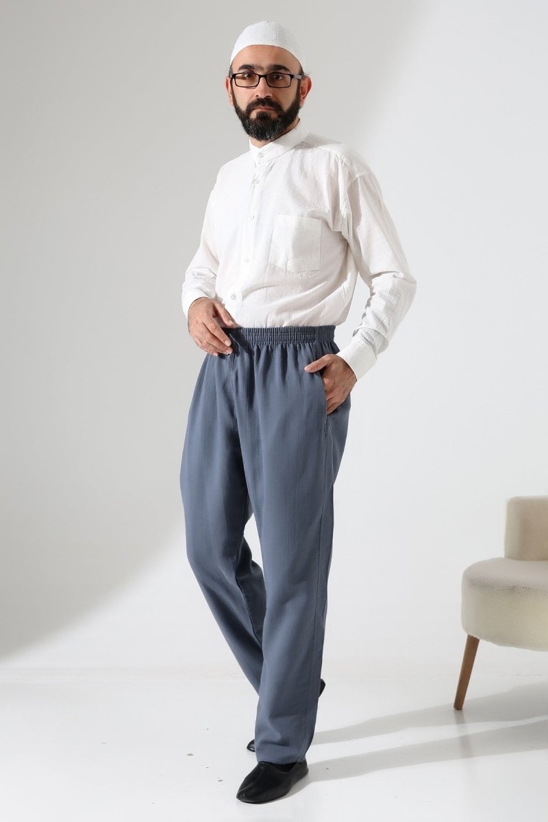 Men's Muslin Trousers, Cotton, Elastic Waistband, Hajj/Umrah Trousers - Dark Gray (ANS) - ihvan
