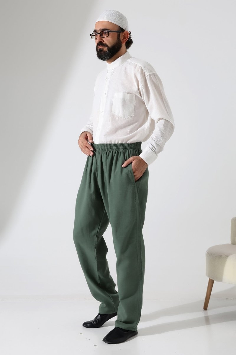 Men's Muslin Trousers, Cotton, Elastic Waistband, Hajj/Umrah Trousers - Green (ANS) - ihvan