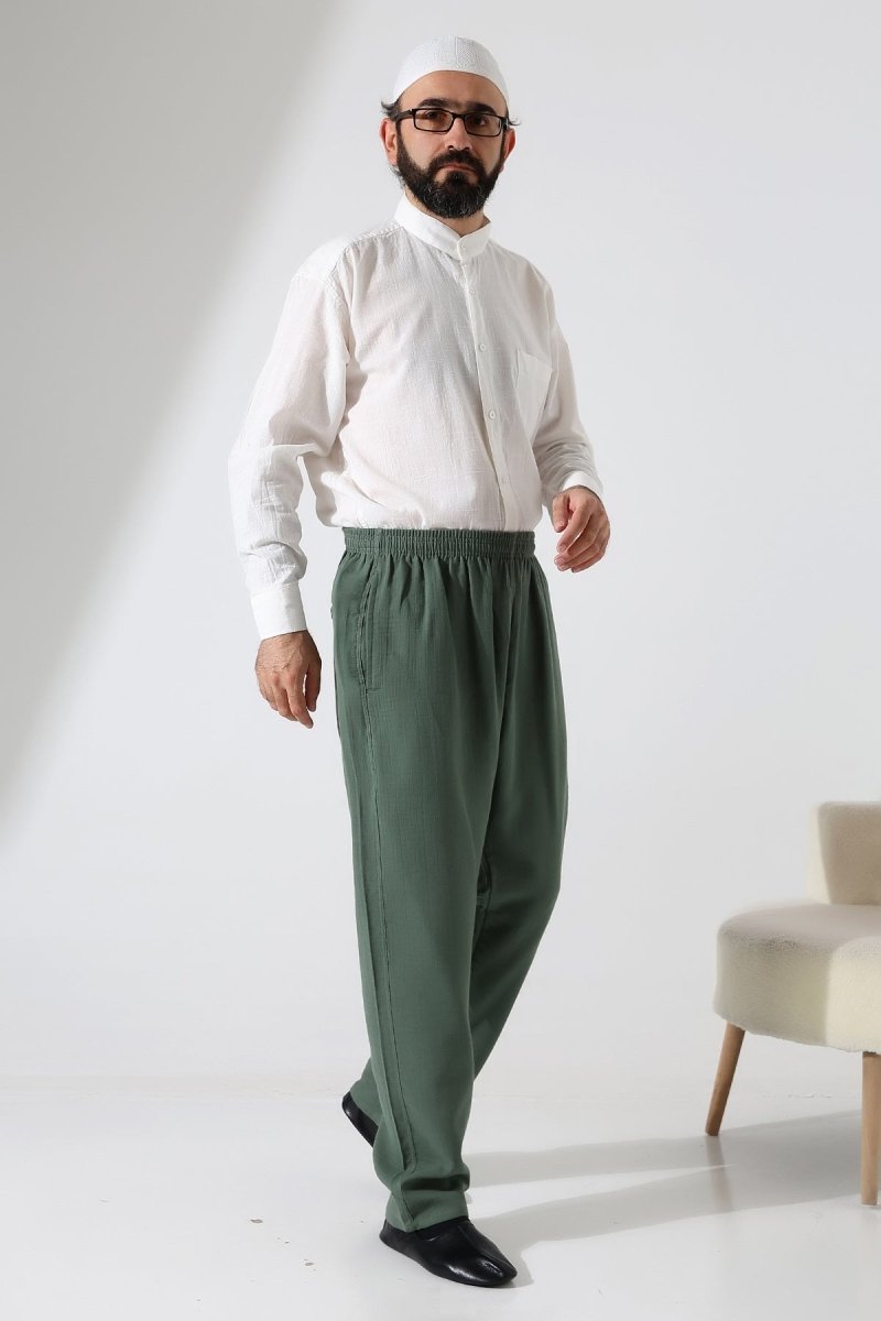 Men's Muslin Trousers, Cotton, Elastic Waistband, Hajj/Umrah Trousers - Green (ANS) - ihvan