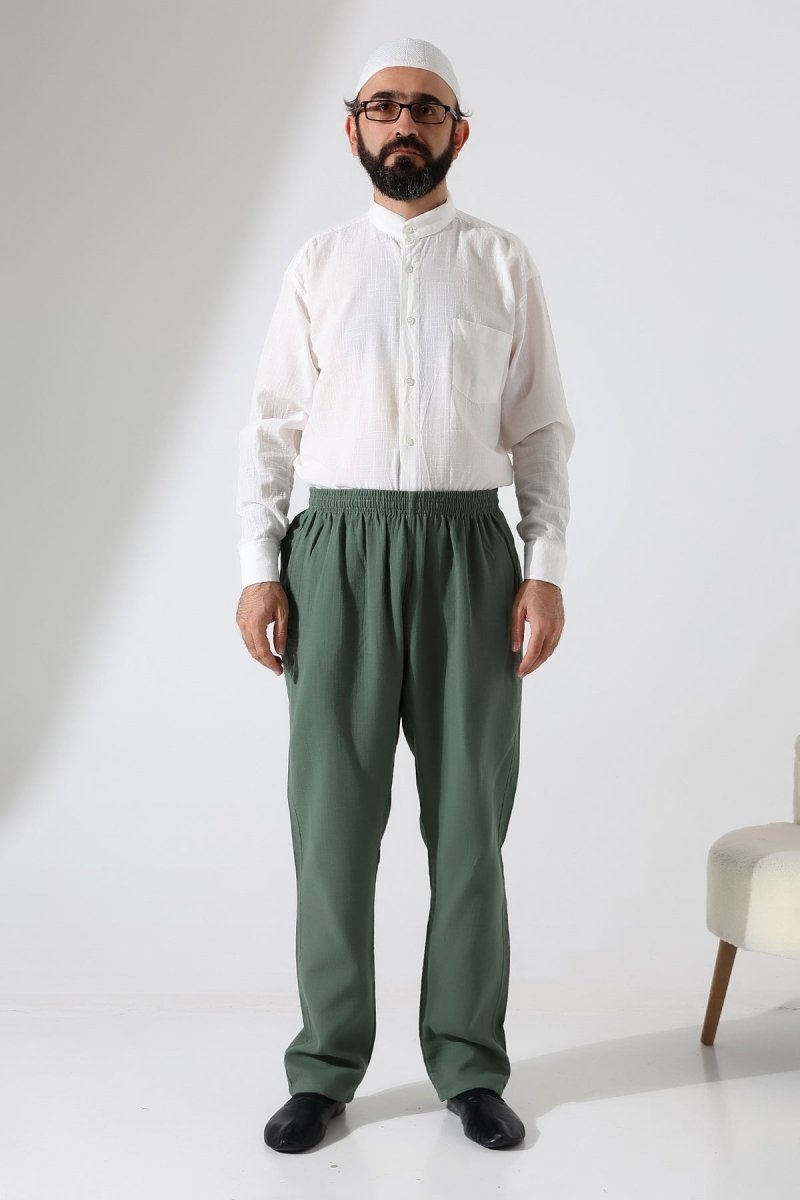 Men's Muslin Trousers, Cotton, Elastic Waistband, Hajj/Umrah Trousers - Green (ANS) - ihvan