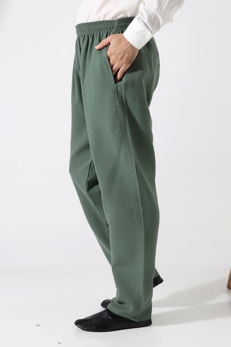 Men's Muslin Trousers, Cotton, Elastic Waistband, Hajj/Umrah Trousers - Green (ANS) - ihvan