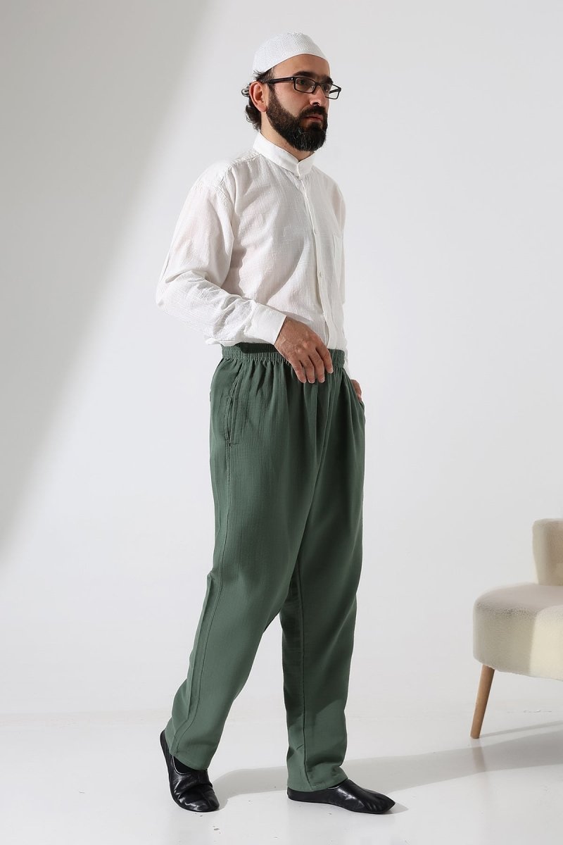 Men's Muslin Trousers, Cotton, Elastic Waistband, Hajj/Umrah Trousers - Green (ANS) - ihvan