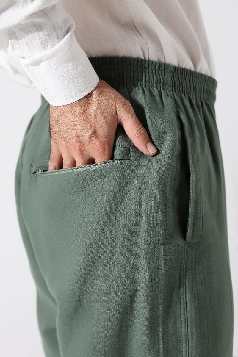 Men's Muslin Trousers, Cotton, Elastic Waistband, Hajj/Umrah Trousers - Green (ANS) - ihvan