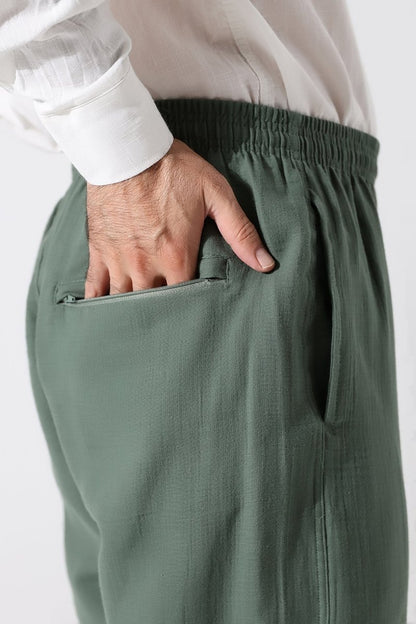 Men's Muslin Trousers, Cotton, Elastic Waistband, Hajj/Umrah Trousers - Green (ANS) - ihvan