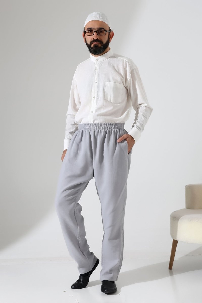 Men's Muslin Trousers, Cotton, Elastic Waistband, Hajj/Umrah Trousers - Grey (ANS) - ihvan