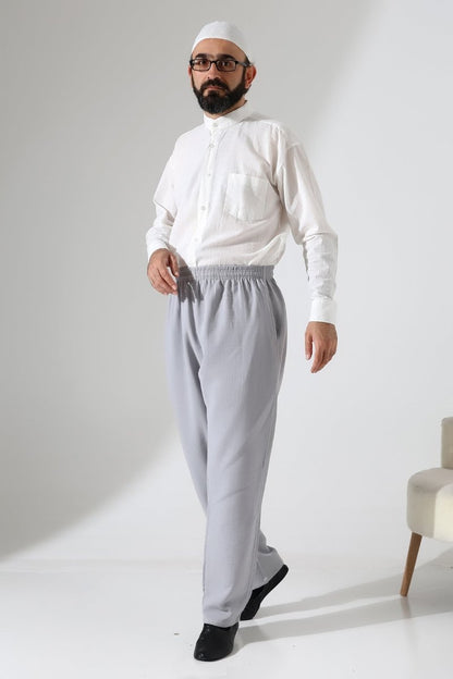 Men's Muslin Trousers, Cotton, Elastic Waistband, Hajj/Umrah Trousers - Grey (ANS) - ihvan