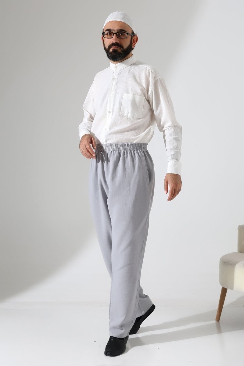 Men's Muslin Trousers, Cotton, Elastic Waistband, Hajj/Umrah Trousers - Grey (ANS) - ihvan