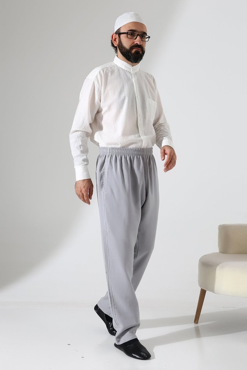 Men's Muslin Trousers, Cotton, Elastic Waistband, Hajj/Umrah Trousers - Grey (ANS) - ihvan
