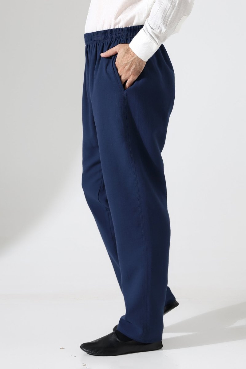 Men's Muslin Trousers, Cotton, Elastic Waistband, Hajj/Umrah Trousers - Navy Blue (ANS) - ihvan