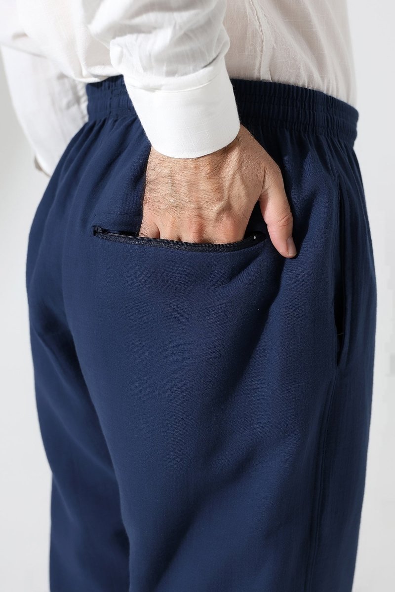 Men's Muslin Trousers, Cotton, Elastic Waistband, Hajj/Umrah Trousers - Navy Blue (ANS) - ihvan