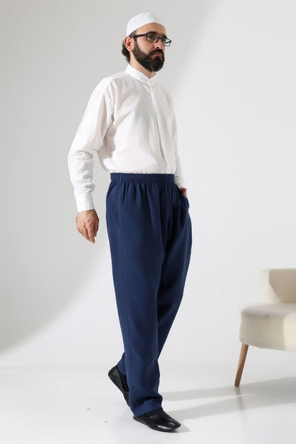 Men's Muslin Trousers, Cotton, Elastic Waistband, Hajj/Umrah Trousers - Navy Blue (ANS) - ihvan