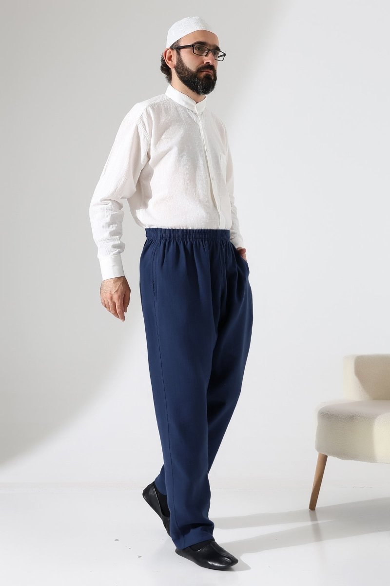 Men's Muslin Trousers, Cotton, Elastic Waistband, Hajj/Umrah Trousers - Navy Blue (ANS) - ihvan