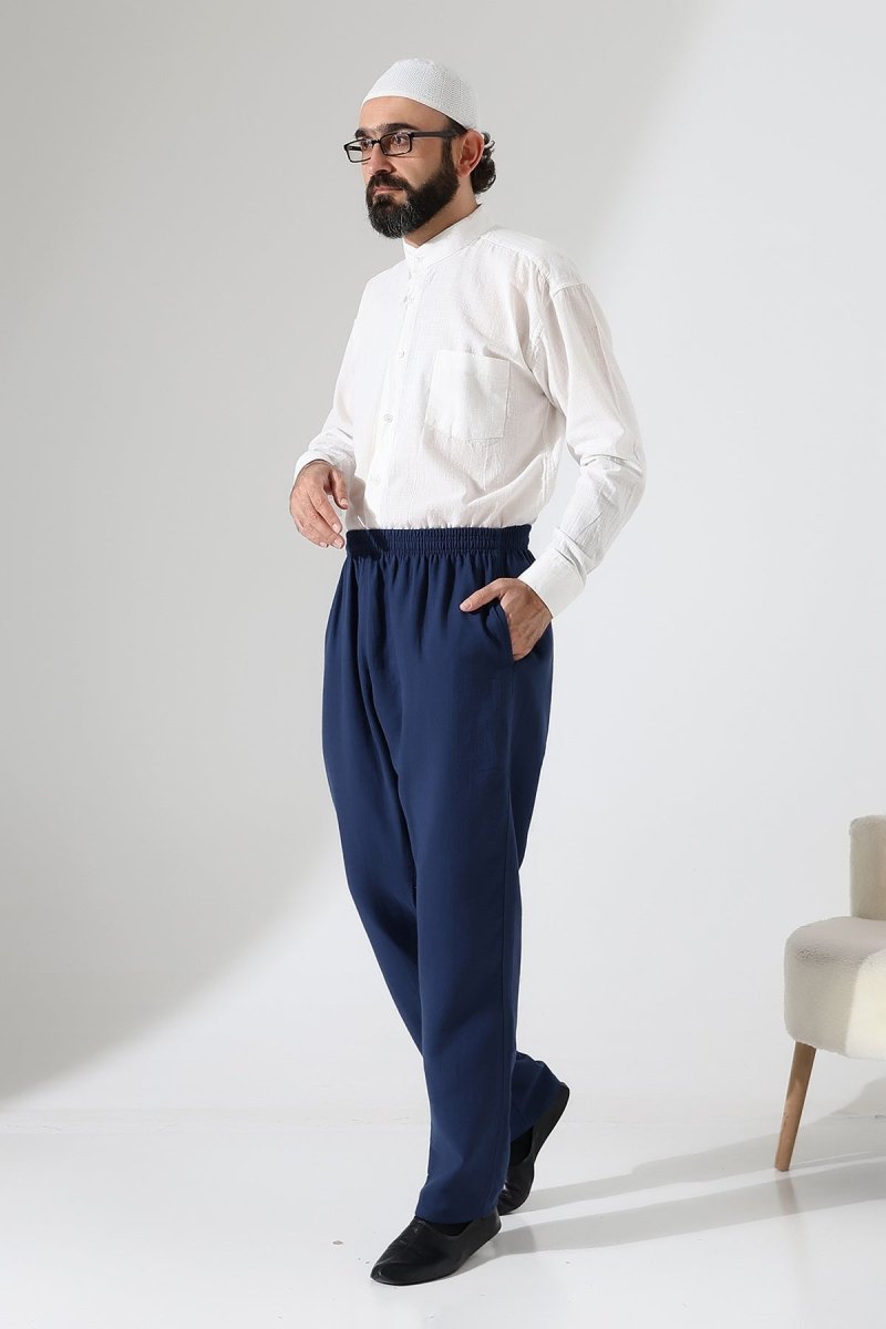 Men's Muslin Trousers, Cotton, Elastic Waistband, Hajj/Umrah Trousers - Navy Blue (ANS) - ihvan