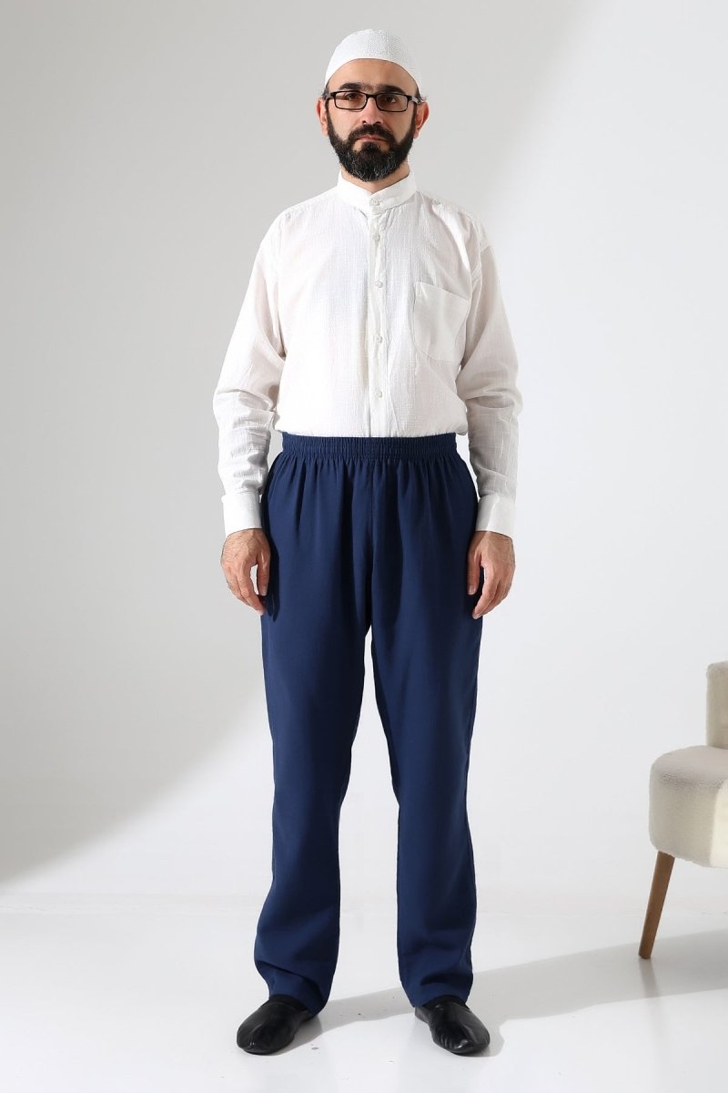 Men's Muslin Trousers, Cotton, Elastic Waistband, Hajj/Umrah Trousers - Navy Blue (ANS) - ihvan